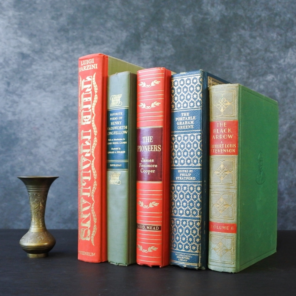 Vintage Red Green Gold Book Stack Old Hardcover Books Shabby Shelf Decor Set